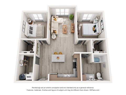 Floor plan for 2 beds, 1 bath, 943 sqft